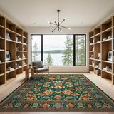 Teal Persian Floral Area Rug with Vibrant Blooms