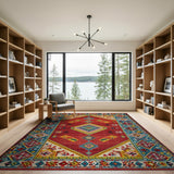 Vibrant Red Teal Heritage Tribal Area Rug