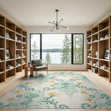 Teal Leaf Swirl Gold Star Area Rug