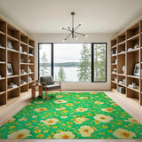 Emerald Green Yellow Floral Vintage Area Rug