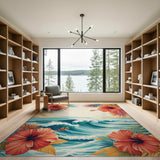 Coastal Ocean Waves Red Hibiscus Rug
