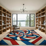 ODIKA Retro Spiral Red White & Blue Washable Low Pile Area Rug