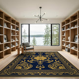 Navy Blue Ornate Gold Floral Area Rug