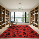 Bold Red Rug with Black Beetles Butterflies Daisies
