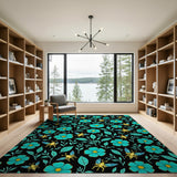 Teal Floral Bee Pattern Area Rug
