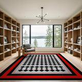 Black White Harlequin Diamond Area Rug with Red Accents