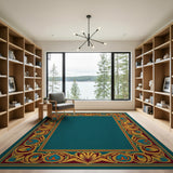 Ornate Teal Border Area Rug with Gold Motifs