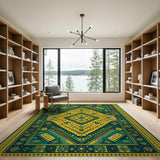 Vibrant Green Yellow Heritage Tribal Area Rug