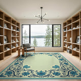 Teal Blue Floral Border Area Rug