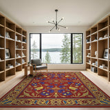 Red Persian Floral Rug with Gold Borders Blue Irises