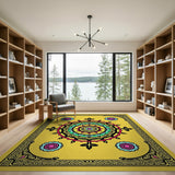 Vibrant Yellow Mandala Area Rug with Multi-Color Patterns
