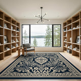 Intricate Navy Persian Area Rug with Floral Medallion