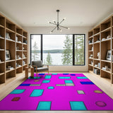 Teal Pixel Maze on Vibrant Pink Geometric Area Rug