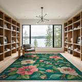 Teal Pink Camellia Floral Area Rug