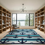 Nautical Navy Anchor Striped Area Rug
