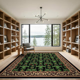 Ornate Green Floral Persian Area Rug on Black
