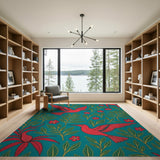 Teal Hummingbird Floral Pattern Area Rug