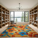 Vibrant Orange Peony Floral Area Rug