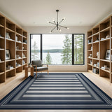 Navy Blue and Grey Striped Geometric Rug