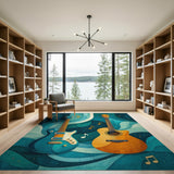 ODIKA Washable Abstract Guitar Area Rug, Teal Blue Non-Slip Low Pile Musical Decor
