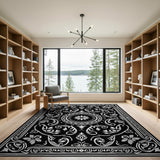 Traditional Persian Black and White Ornate Black White Floral Medallion Rug