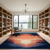 ODIKA Washable Tropical Sunset Palm Tree Retro Area Rug - Low Pile Non-Slip