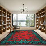 Red Persian Butterfly Rug with Teal Border
