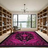 ODIKA Pink and Black Washable Persian Floral Medallion Rug - Non-Slip Low Pile, Pet & Kid Friendly
