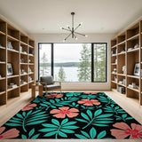 Pink Hibiscus Teal Monstera Leaf Rug