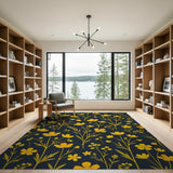 Yellow Wildflower Meadow on Navy Area Rug
