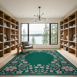 Pink Floral Border Emerald Green Area Rug