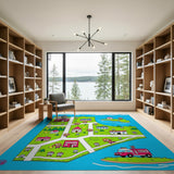 Whimsical Kids Cartoon Town Map Area Rug
