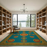 Teal Gold Heraldic Medallion Area Rug
