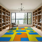Vibrant Geometric Yellow Area Rug with Blue Orange Shapes