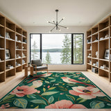 Pink Parrots Floral Leaves Green Area Rug