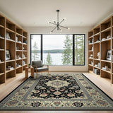 Black Field Persian Floral Medallion Area Rug