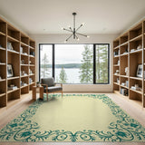 Teal Floral Ornate Border Area Rug