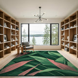 Lush Green Pink Leaf Pattern Area Rug