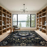 Distressed Silver Lotus Floral Area Rug