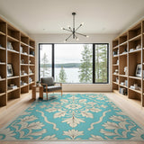 Blue and Teal Teal Ornate Floral Damask Area Rug