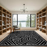 Geometric Modern Black and White Intricate Black White Maze Labyrinth Rug