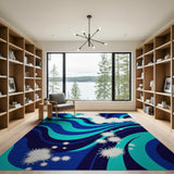 Blue Teal Abstract Wave Area Rug with Starbursts