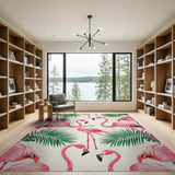 Pink Pink Flamingo Tropical Leaves Area Rug