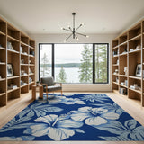 Blue and Teal Navy Blue Hibiscus Palm Leaf Area Rug