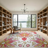 Vibrant Pink Yellow Floral Medallion Rug