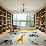 Whimsical Cartoon Elephants Giraffes Kids Rug