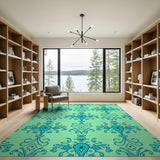 Teal Damask Floral Area Rug on Mint Green
