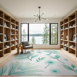 Teal Watercolor Leaves and Daisies Area Rug