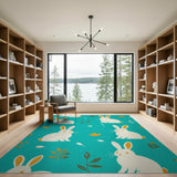 Playful Cartoon Bunny Teal Area Rug