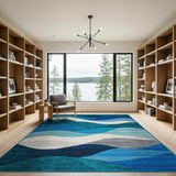 Teal Blue Cascading Wave Abstract Area Rug